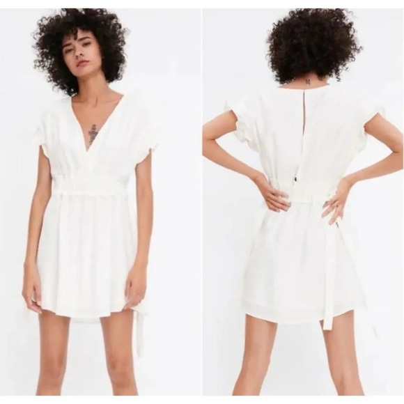 Zara Womens V Neck Side Tie Ruffle Mini Dress White Sz Small - Picture 1 of 13